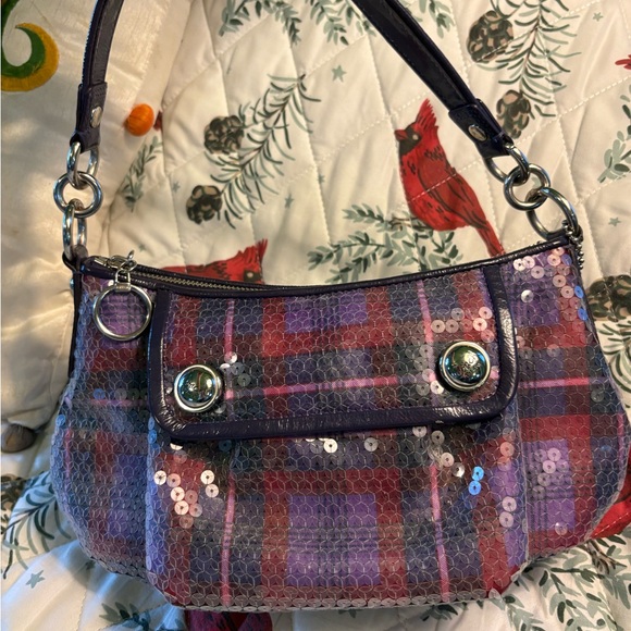 Coach Poppy sequins shimmer bag purple plaid shoulder purse special edition - Picture 2 of 12